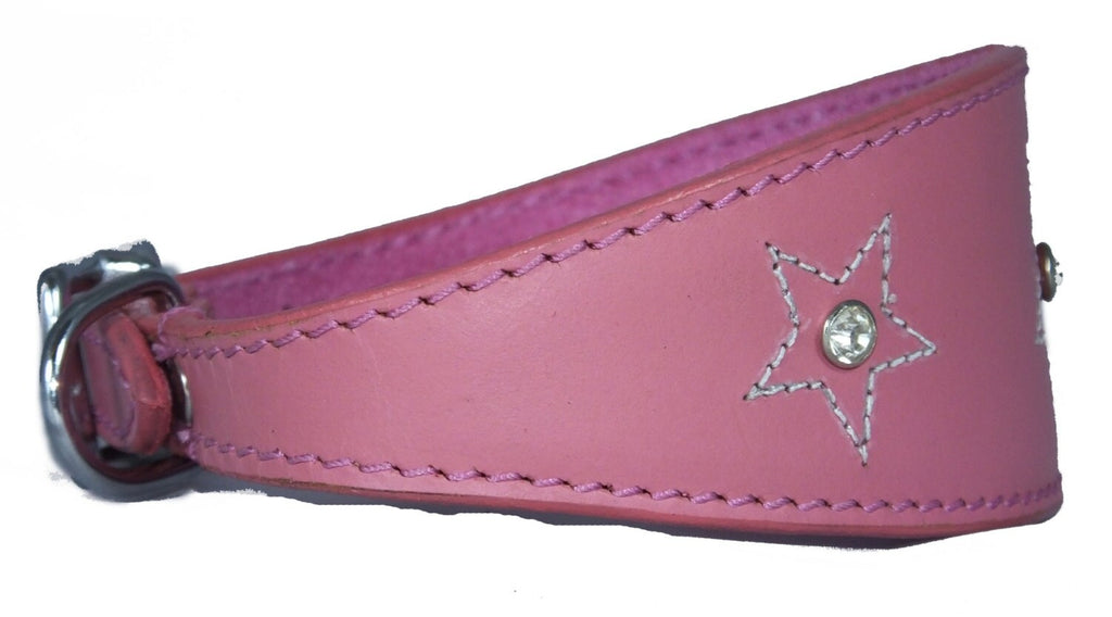Pink Star Diamante Stitch Design Leather Whippet Collar Greyhound Collar Sight hound Dogs Collar