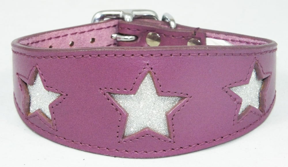 Purple Leather Whippet Collar Greyhound Collar Sparkle Glitter Star Sighthound Dogs