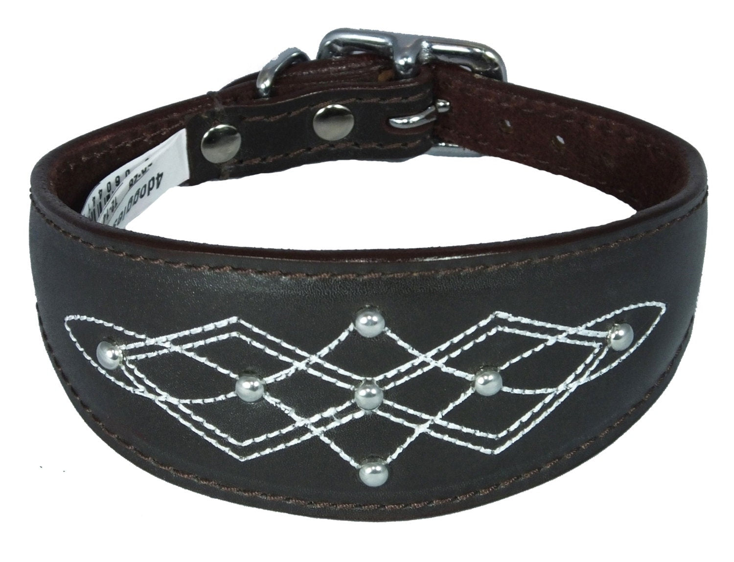 Brown Silver Stud Stitch Design Leather Whippet, Greyhound Collar Sighthound Dogs
