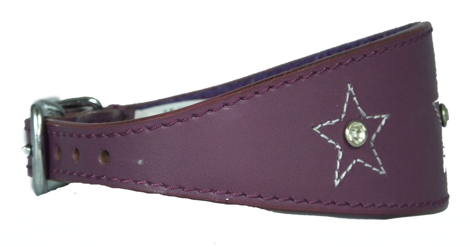 Purple Star Diamante Stitch Design Leather Whippet Collar Greyhound Collar Sight hound Dogs Collar