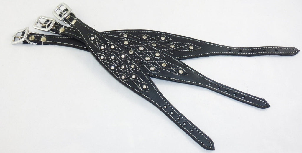 Black Diamante Stud and Stich Design Leather Collar For Whippet Greyhound Lurcher