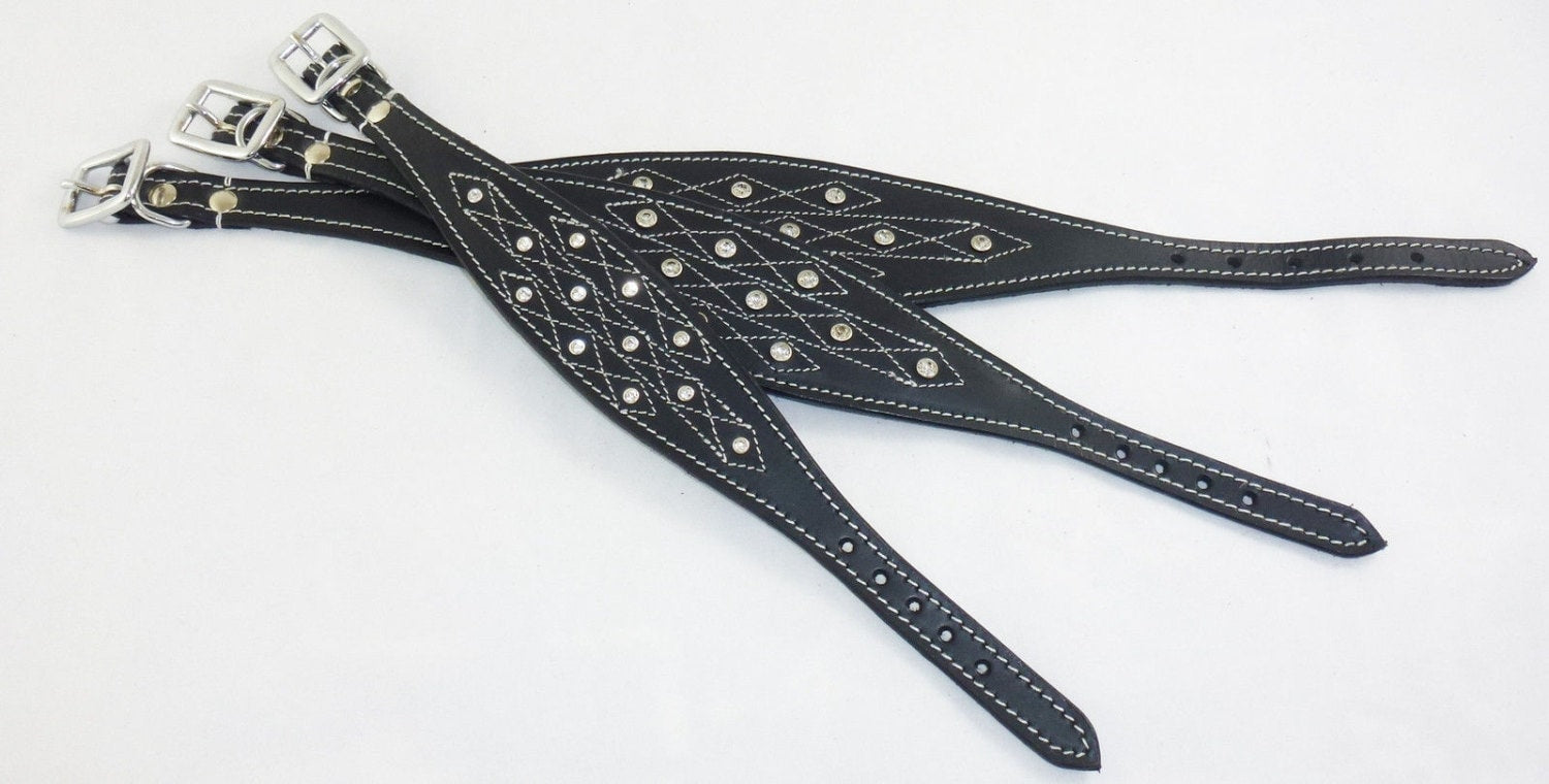 Black Diamante Stud and Stich Design Leather Collar For Whippet Greyhound Lurcher