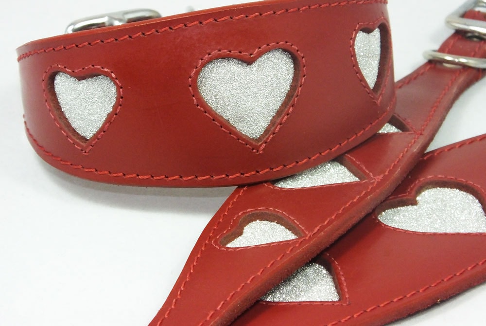 Red Leather Whippet Collar Greyhound Collar Sparkle Glitter Heart Galgo Podenco Dog