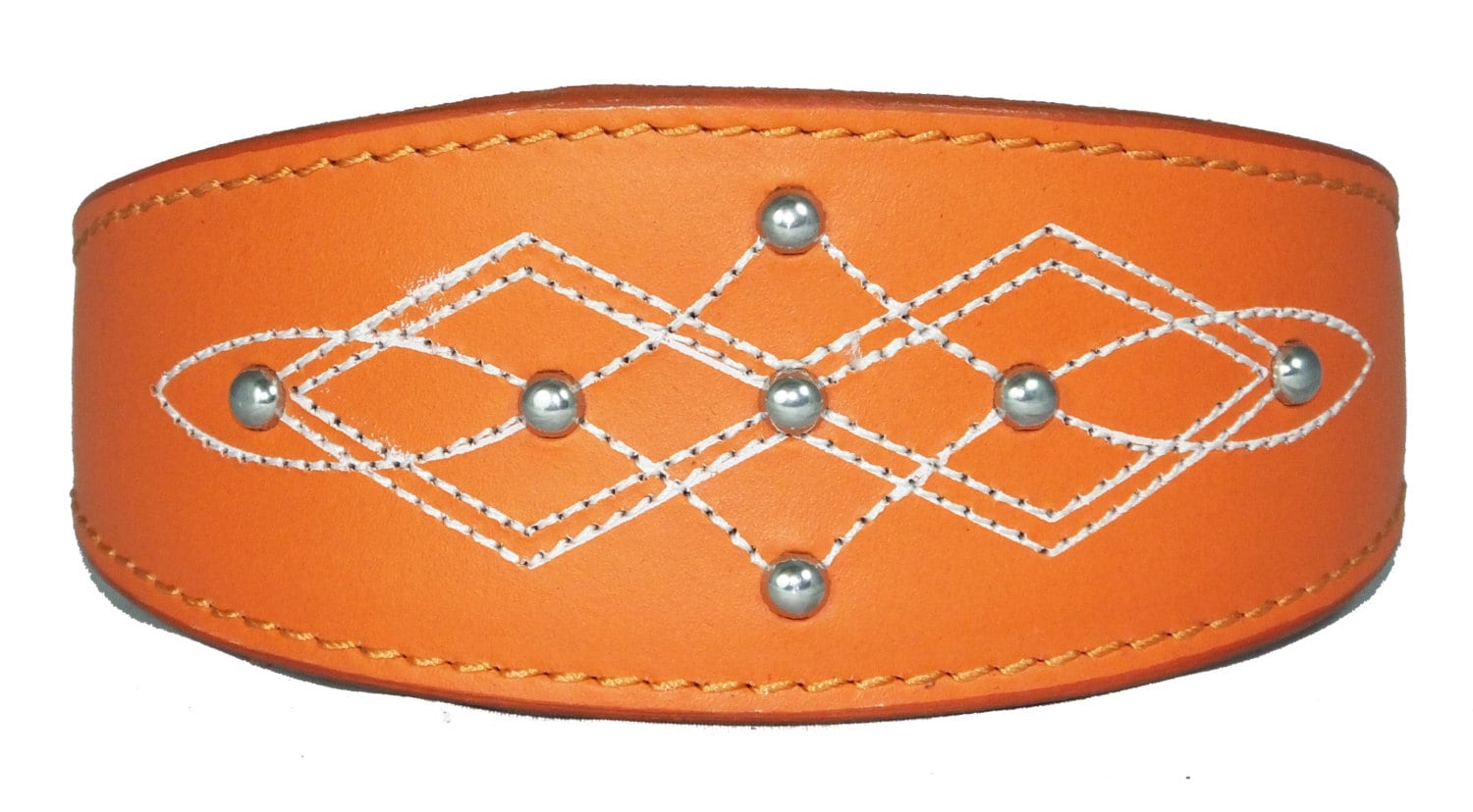 Orange Silver Stud Stitch Design Leather Whippet, Greyhound Collar Sighthound Dogs