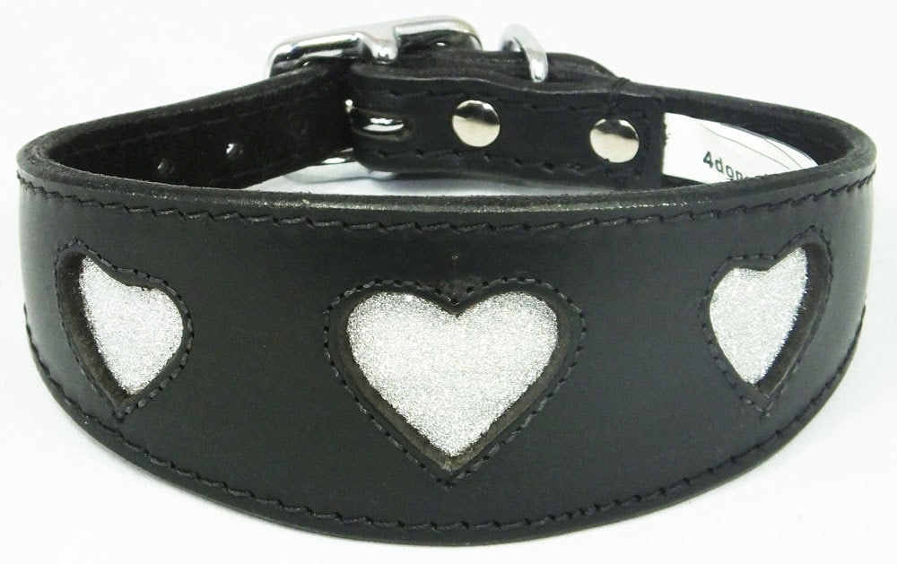 Black Leather Whippet Collar Greyhound Collar Sparkle Glitter Heart Galgo Podenco Dog