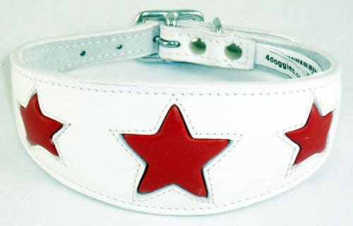 White Leather Whippet Collar Greyhound Collar With Red Star Design Sighthound Dogs