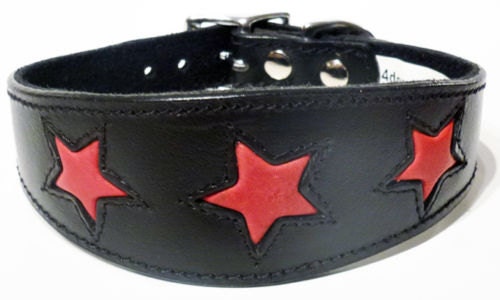 Black Leather Whippet Collar Greyhound Collar With Red Star Design Sighthound Dogs