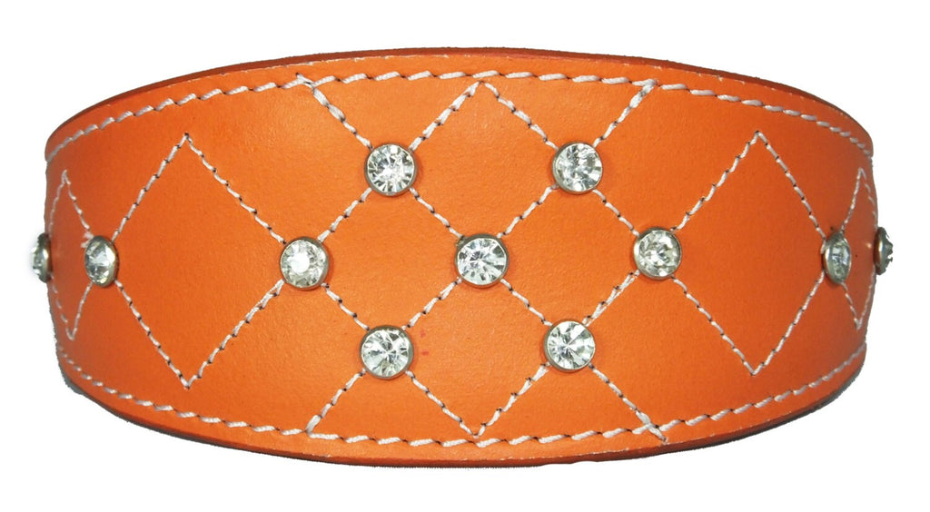 Orange Diamante Diamond Stitch Design Leather Whippet Collar Greyhound Collar Sight hound Dogs Collar