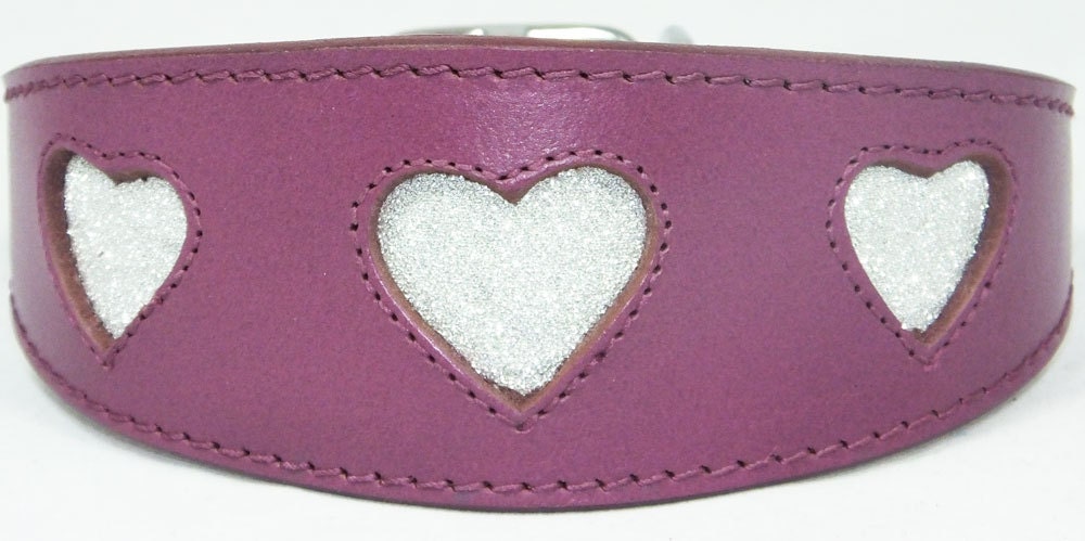 Purple Leather Whippet Collar Greyhound Collar Sparkle Glitter Heart Galgo Podenco Dog