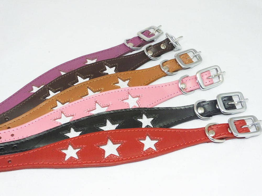 Red Leather Whippet Collar Greyhound Collar Sparkle Glitter Star Sighthound Dogs