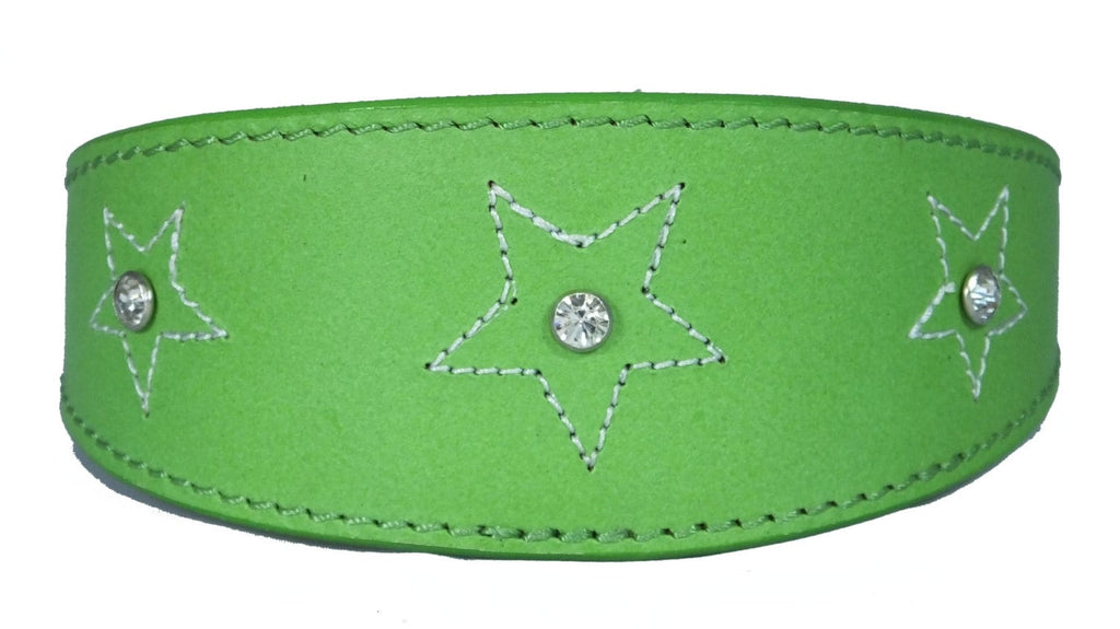 Green Star Diamante Stitch Design Leather Whippet Collar Greyhound Collar Sight hound Dogs Collar