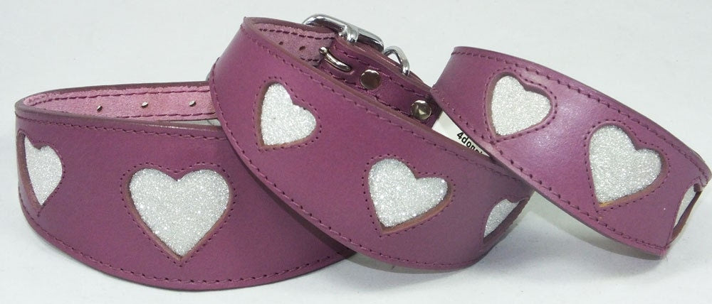 Purple Leather Whippet Collar Greyhound Collar Sparkle Glitter Heart Galgo Podenco Dog