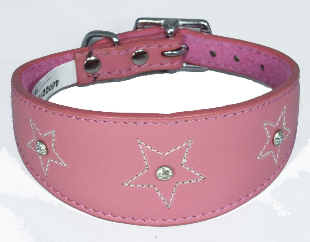 Pink Star Diamante Stitch Design Leather Whippet Collar Greyhound Collar Sight hound Dogs Collar