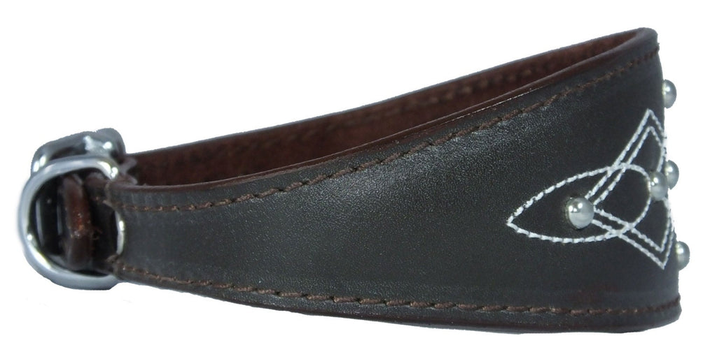Brown Silver Stud Stitch Design Leather Whippet, Greyhound Collar Sighthound Dogs