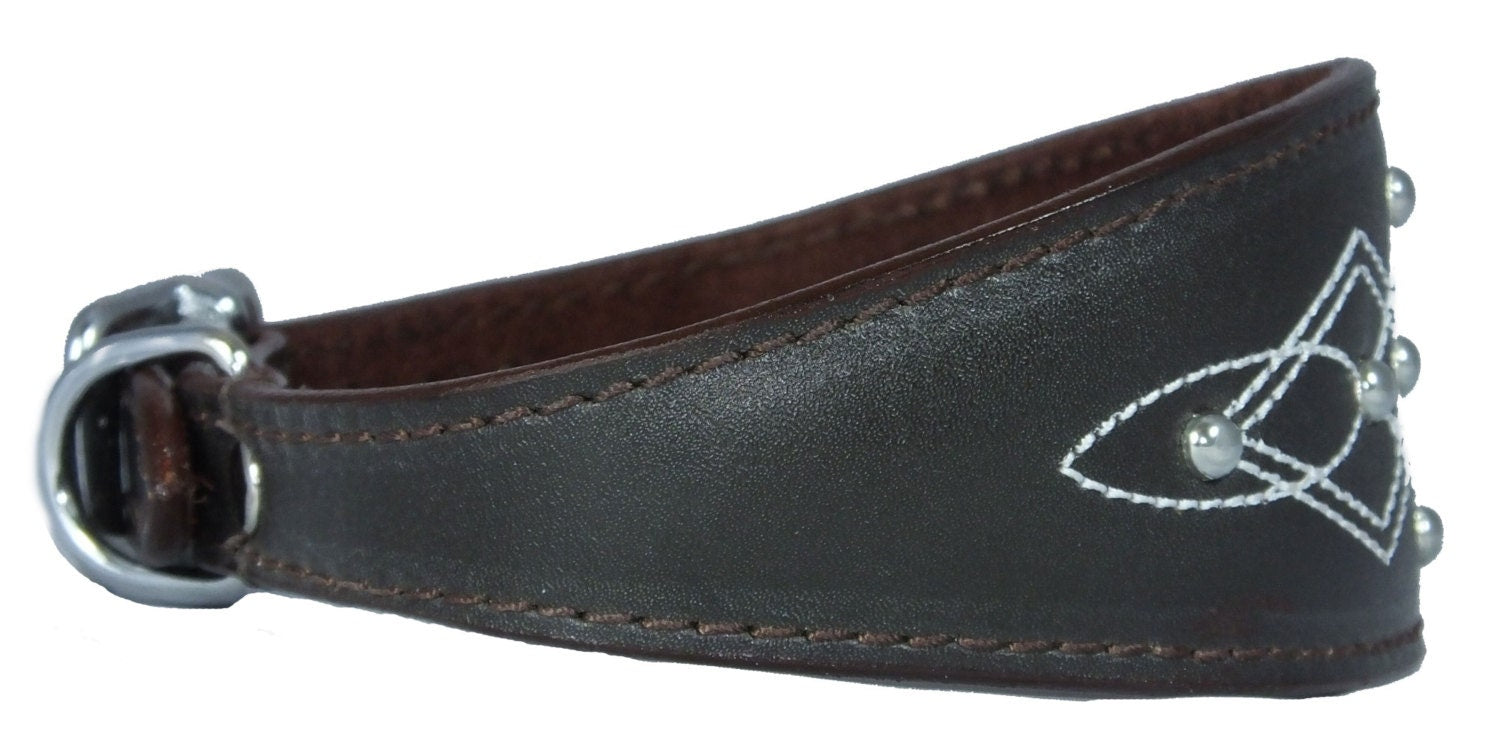 Brown Silver Stud Stitch Design Leather Whippet, Greyhound Collar Sighthound Dogs