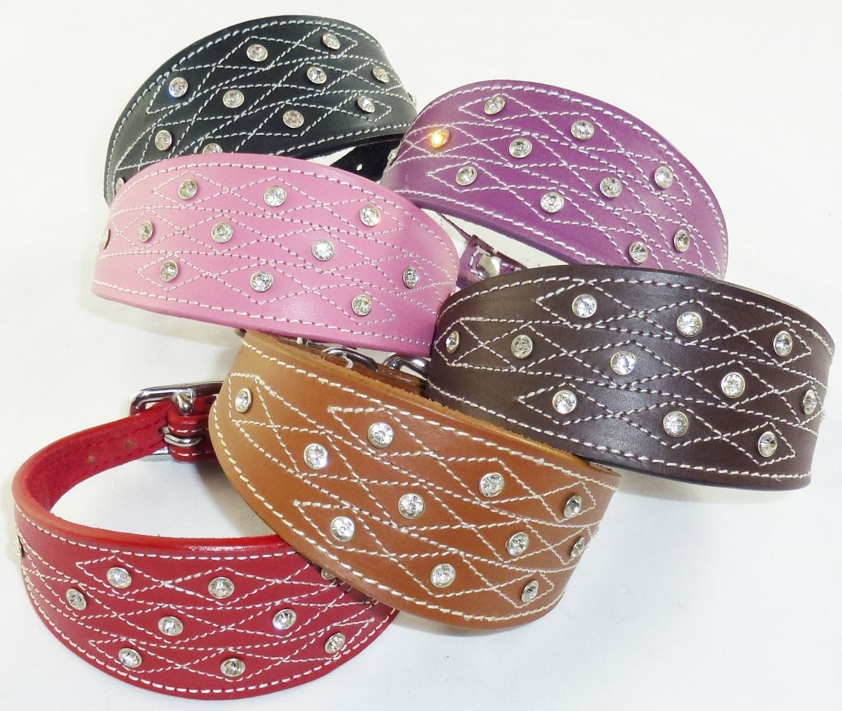 White Diamante Stud and Stich Design Leather Collar For Whippet Greyhound Lurcher