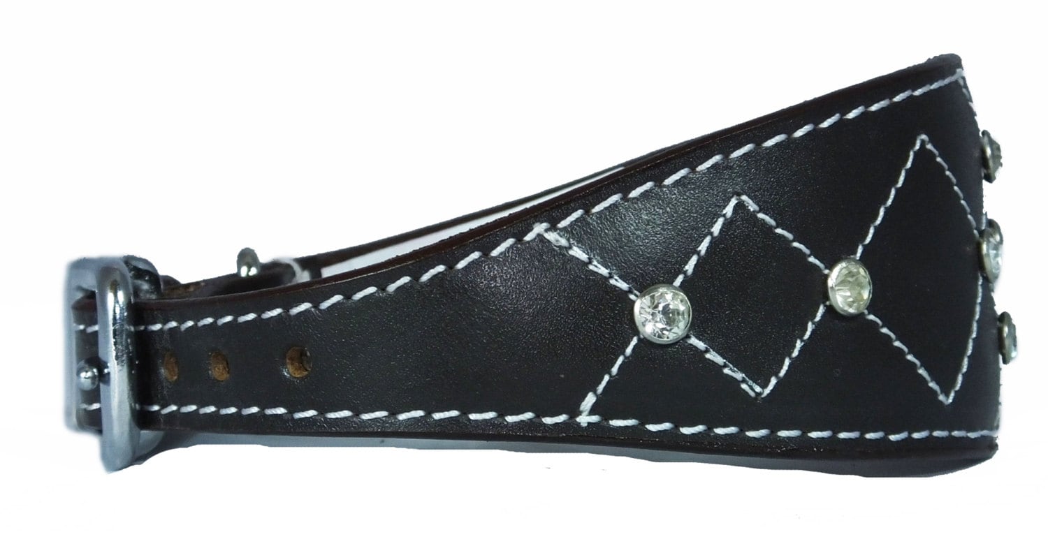 Brown Diamante Diamond Stitch Design Leather Whippet Collar Greyhound Collar Sight hound Dogs Collar